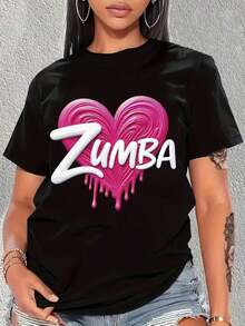 Women's Short Sleeve T-Shirt | Shipped From Mexico | High-Quality Breathable Fabric | Women's Loose-Fitting Short Sleeve Casual Sports Top In Black And White With Pink Heart Print And Zumba Dripping Design, Round Neck. - 黑色 - 查看 6