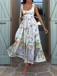 Printed Midi Dress With Straps, 2026 Style, Elegant And Casual Holiday Fashion - 白色 - 查看 3