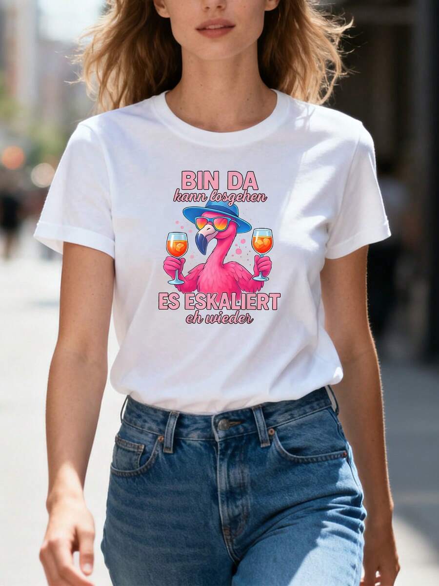 Camiseta de Mujer con Frase "BIN DA Kann Losgehen" - Blusa Casual de Manga Corta y Cuello Redondo con Texto para Atuendos Informales y de Idioma - Cómoda y Lavable a Máquina - Blanco - Ver 1