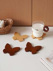 6pcs Butterfly Wooden Coaster Set: Natural Wood Butterfly-Shaped Coasters With A Black Metal Storage Rack. - Multicolor - View 5