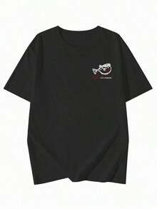 Custom Short-Sleeved T-Shirt, Loose And Relaxed Fit, With Japanese Letter Print, Versatile And Casual For Women, Vintage Spring/Summer Style, Made Of Cotton, Round Neck And Short Sleeves. - 黑色 - 查看 6