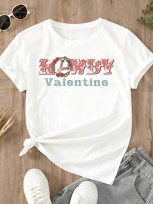 Camiseta de Cuello Redondo de Talla Grande con Estampado de San Valentín, Texto Rosa y Azul con Diseño de Corazón Floral para San Valentín, Camisetas para Mujer, Camisetas de San Valentín, Cómodas de Usar, Adecuadas para Todas las Temporadas, Hechas de Tela de Algodón Puro de Baja Elasticidad, La Mejor Opción para Regalos de San Valentín (Tallas S-4XL). - Blanco - Ver 2