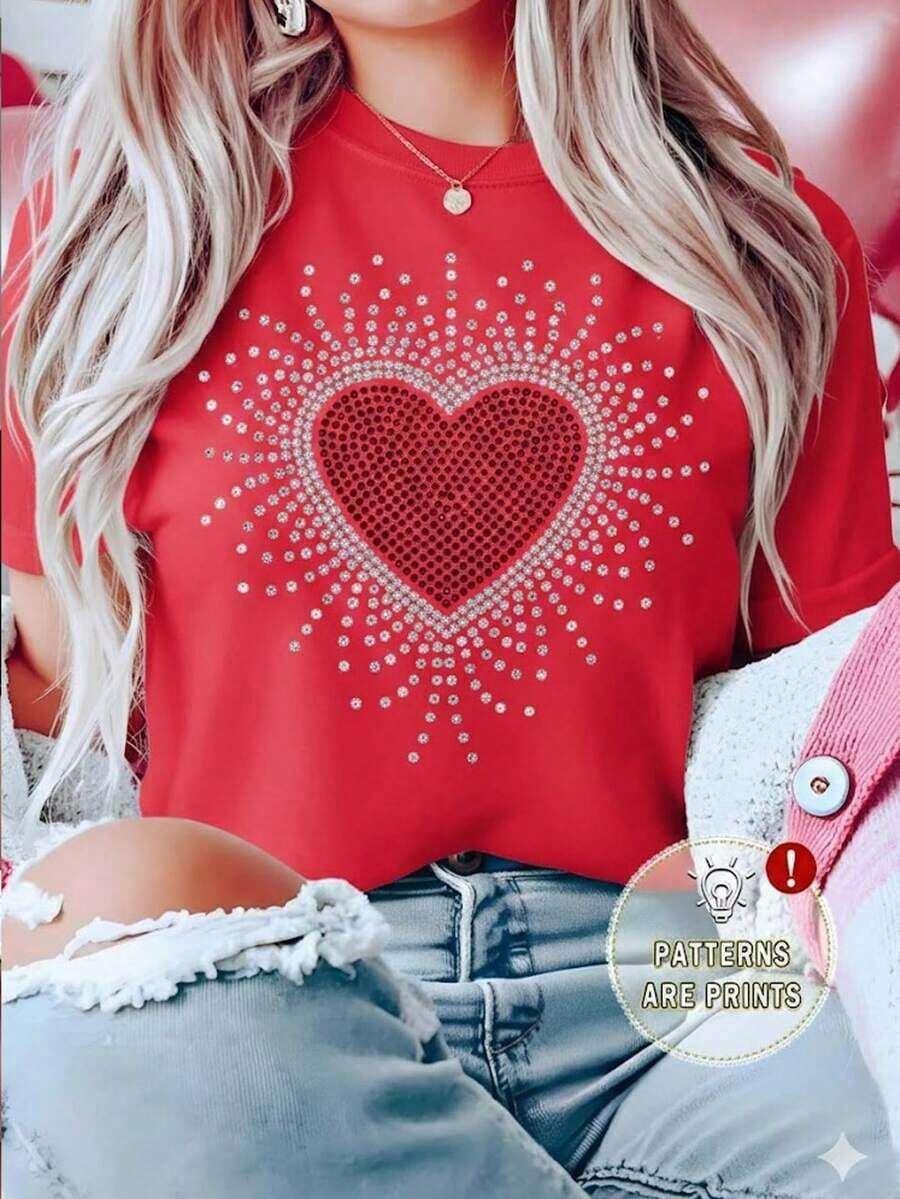 Breathable White T-Shirt For Women With Radiant Red Rhinestone Heart Graphic, Aesthetic Short Sleeve Love Sparkle Tee, Modern Romantic Top, Fashionable Casual Blouse For Valentine's Day, Warm Clothing For Women - 紅色的 - 查看 1