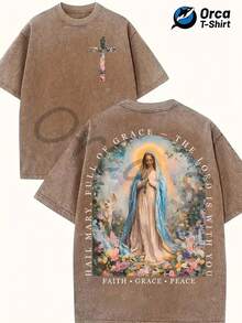 Washed Cotton T-Shirt With A Floral Print Of The Virgin Mary And The Hail Mary, Urban Style, By The Brand Orca. Suitable For Casual Wear, Outdoor Activities, Parties, Vacations, Gifts, And Other Occasions. - 咖啡色 - 查看 7
