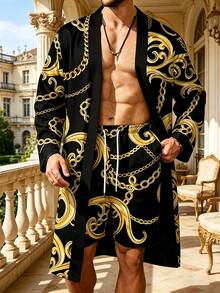 Plus-Size Men's Baroque Chain Print Long Shawl Casual Suit, Made Of 100% Polyester, Featuring A Luxurious Golden Swirl Pattern Kimono-Style Cardigan - Mixed Colors - View 2