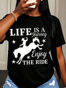 Life Is A Journey, Enjoy The Ride. Women's Graphic Riding T-Shirt, Casual Wear, Cowboy Style, Western Fashion Top, Gift For Horse Lovers. - 黑色 - 查看 7