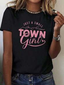 1 pieza [Camiseta Deportiva] Camiseta de Mujer de Algodón Puro Estilo "Chica de Pueblo Pequeño" Ajuste Cómodo |       Corte relajado |       Talla Grande 180g 100% Algodón - Negro - Ver 7