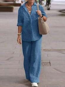 Cardigan casual con cuello polo ligero, blusa elegante de unicolor versátil adecuada para la playa, el diario, el trabajo, las compras, de tela suave, pantalones sueltos con cintura elástica, conjunto de 2 piezas, primavera/verano/otoño - Azul - Ver 3