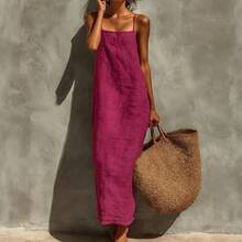 Women's Linen Blend Slip Maxi Dress, Square Neck Sleeveless Casual Dress For Beach & Vacation - 紅色 - 查看 5