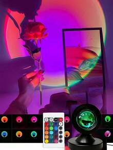 1个USB供电的RGB落地灯，RGB 16色日落投影灯，LED日落氛围灯，日落效果投影仪，房间装饰夜灯，多色投影仪，带遥控器的房间氛围照明灯，适用于装饰、摄影、派对、卧室、家居装饰、节日庆典、浪漫礼物 - 落日投影+小遙控 - 查看 3