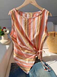 Camiseta de mujer de unicolor con dobladillo asimétrico, cintura con lazo y cuello redondo - Naranja - Ver 3