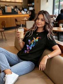 Camiseta de Cuello Redondo para Mujer con Estampado de Mariposas Coloridas, Manga Corta, Estilo Casual de Verano - Negro - Ver 2