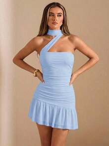 Vestido mini elegante con estampado floral crema y amarillo, con pliegues, asimétrico, sin tirantes y con tirantes anudados, para mujer en otoño/invierno. Vestido de cumpleaños, boda, cóctel, elegante y sexy, romántico, para cita, fiesta nocturn - Celeste - Ver 4