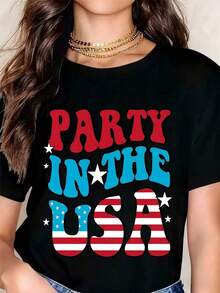 Fashionable Women's Camisole With A Loose Fit, Round Neck, And Short Sleeves, Featuring A Graphic Print Of The American Flag, Ideal For Independence Day Celebrations And Summer Events. Breathable And Comfortable. - 黑色 - 查看 2