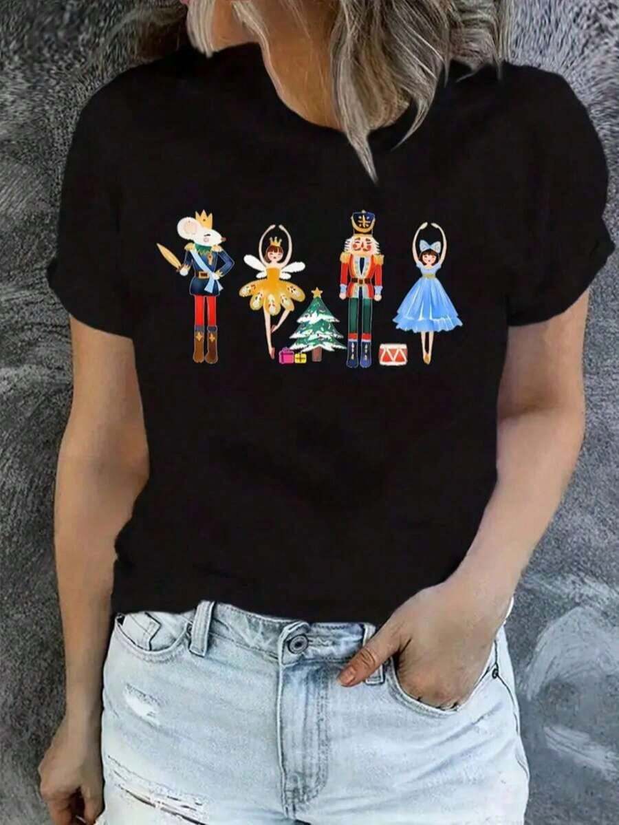 blusas para mujer playeras de mujer blusas casuales para dama Playera Oversize para Mujer en Color Negro de Algodón con Estampado Inspirado en el Cascanueces con Figuras de Soldado, Ratón Rey, Bailarinas y Árbol Decorado con Regalos para un Estilo Moderno, Creativo y Festivo ERRR - Negro - Ver 1