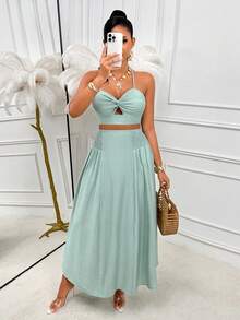 AIJ Amarilo Green Satin Spaghetti Strap Pleated Hollow Back Camisole Top + High Waist Ruffle Hem A-Line Maxi Skirt 2-Piece Set, Suitable For Summer, Spring, Wedding Guest, Graduation Ceremony And Vacation - Bean Green - View 7