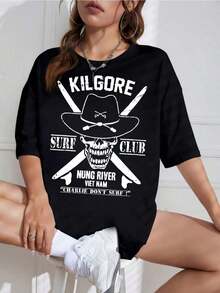 Playera Oversize Mujer con Gráfico Retro de Rock, Estilo Grunge Casual - Negro - Ver 9