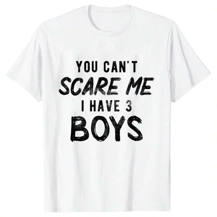 Camiseta de manga corta para mujer con el lema "No puedes asustarme, tengo 3 hijos", de tejido de punto negro, estilo casual y largo regular. - Blanco - Ver 1