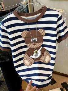 Camiseta casual de mujer de manga corta con cuello redondo y rayas - Blanco 2 - Ver 1