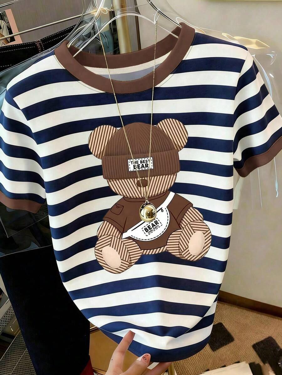 Camiseta casual de mujer de manga corta con cuello redondo y rayas - Blanco 2 - Ver 1
