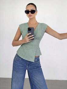 Blusa de mujer de cuello en V a rayas, versátil para uso diario, atuendos casuales de mujer, atuendos de verano de mujer, blusas casuales para mujer, blusas de mujer para el verano, blusa de cuello en V a rayas - Verde Oscuro - Ver 6