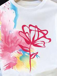 Camiseta de mujer de estilo chino con estampado digital, camiseta de cuello redondo vintage de denim azul con flores y pájaros, camiseta de mujer con estampado digital de flores y pájaros orientales, top casual de verano de cuello redondo - Blanco 7 - Ver 4