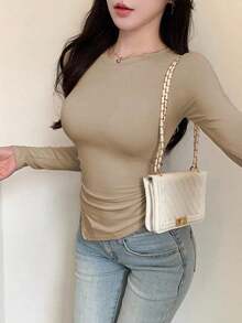 Camiseta de mujer de manga larga con diseño asimétrico y ajuste ceñido, ropa de otoño con estilo preppy - Caqui - Ver 6