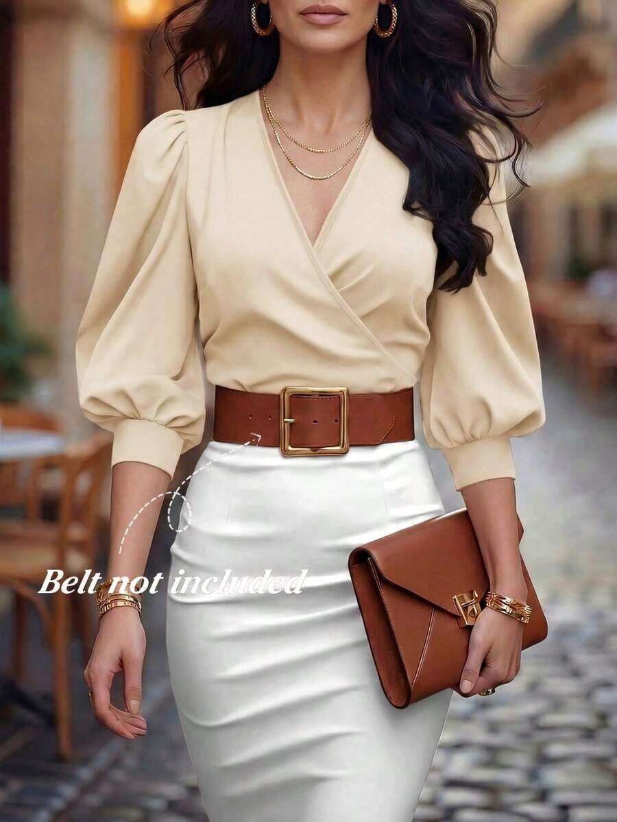 Blusa corta de mujer con cuello en V, manga de pétalo con lunares, cintura ceñida, nueva para primavera/verano - Albaricoque - Ver 1