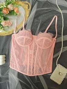 1 pieza Parte superior corta ajustada con adorno de encaje para mujer, top corset ajustado y sexy, adecuado para fiesta, viaje, reunión, Navidad, San Valentín, verano casual negro - Rosa - Ver 5