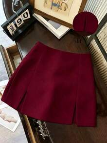 Falda casual versátil de cintura baja con abertura, falda gris, falda A-line de doble capa con bajo con abertura, falda casual de mujer, mini falda, falda corta ajustada de cintura alta con abertura, falda casual versátil para uso diario, r - Burdeos - Ver 5