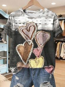 Camiseta de mujer con cuello redondo y manga corta con estampado floral sintético, cómoda para uso casual diario - Multicolor 4 - Ver 1