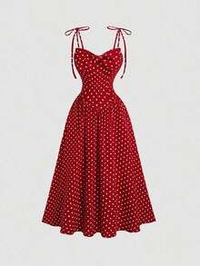 Sweetro Vestido con estampado de lunares estilo francés vintage con espalda descubierta y cintura anudada, color rojo, para mujer - Rojo - Ver 1