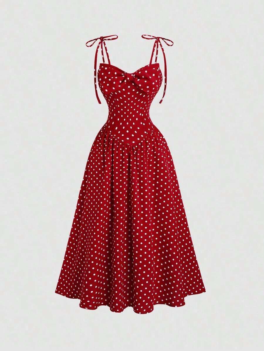 Sweetro Vestido con estampado de lunares estilo francés vintage con espalda descubierta y cintura anudada, color rojo, para mujer - Rojo - Ver 1