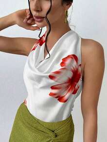 Blusa elegante minimalista con cuello drapeado y lazo delantero para mujeres, color albaricoque - Blanco - Ver 2