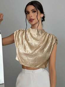 Blusa de mujer con cuello mao de unicolor y pliegues, informal y elegante, manga de murciélago fruncida, ajuste regular, top casual de uso diario para primavera/verano - Dorado - Ver 7