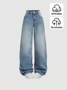 Pantalones vaqueros casuales de ajuste holgado con bolsillos y perneras anchas para adolescentes, jeans de verano para adolescentes - Azul lavado medio - Ver 5