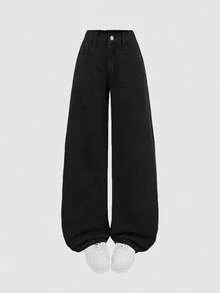 Jeans sencillos de uso diario con estampado de bigotes de gato para niñas adolescentes - Negro - Ver 5