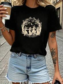 Womens Casual negro cuello redondo de manga corta de manga corta de cuello de punto camiseta con Witchy Forest Print Drop Shoulder Top QXRT - Negro - Ver 3