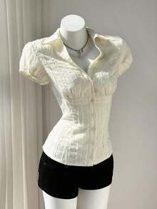 Camisa de mujer con cuello en V, cintura fruncida y manga corta, color blanco, para primavera/verano - Blanco 2 - Ver 6