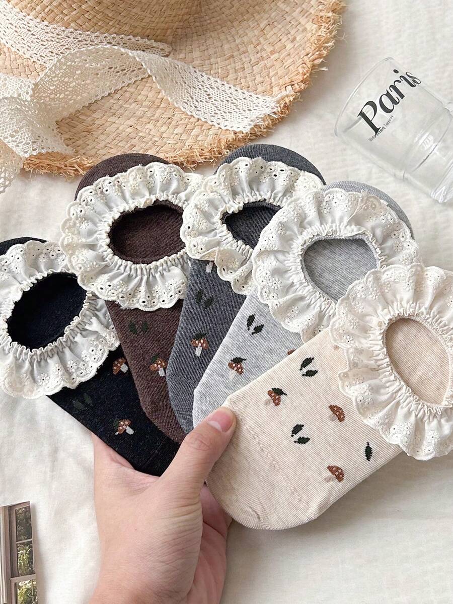 5 Pairs Women Cute Mushroom Boat Socks, Lace Trim Non-Slip Low Vamp Short Socks, Sweet Invisible Socks For Summer, Suitable For Mary Jane Shoes / Loafers, Japanese Style Casual Daily Wear (Socks Only, No Insoles) - Multicolor - View 1