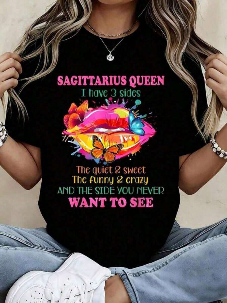 Reina Sagitario: Tengo 3 lados: el tranquilo, dulce, divertido, loco y el lado que nunca querrás ver. Camiseta. - Negro - Ver 1