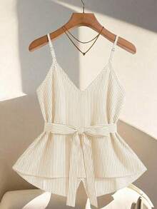 Camiseta sin tirantes casual de mujer con decoración de botones a rayas - Albaricoque - Ver 2