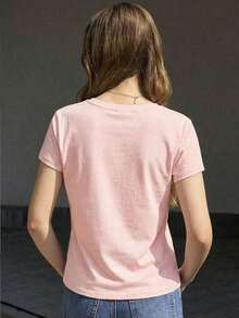 Camiseta de manga corta casual de verano para mujer con estampado de lazo - Rosa Pálido - Ver 2