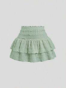 Falda mini casual y de resort Y2K con dobladillo de doble capa y ribete de volantes de unicolor - Verde 2 - Ver 1