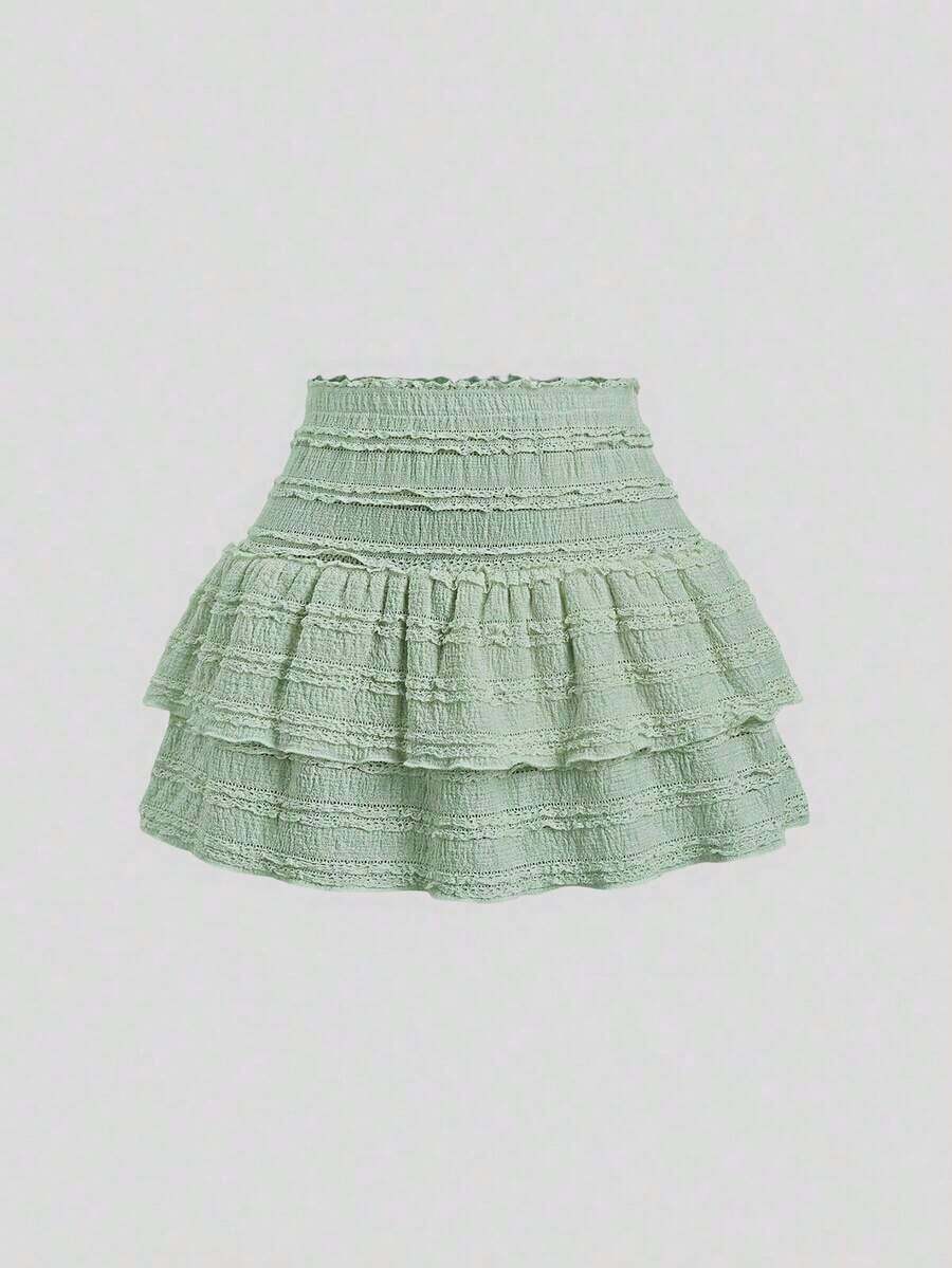 Falda mini casual y de resort Y2K con dobladillo de doble capa y ribete de volantes de unicolor - Verde 2 - Ver 1