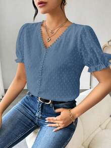 Blusa de gasa con estampado de lunares francés de moda para mujer, diseño elegante y elegante de manga corta con volantes para el verano - Azul 2 - Ver 6