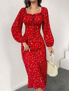 Vestido largo con cuello cuadrado, mangas farol y estampado floral para mujer - Rojo - Ver 5