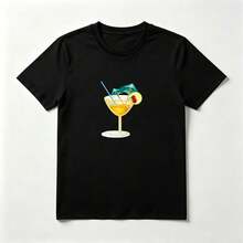 Playera Veraniega con Estampado de Cóctel de Frutas de Algodón Negro para Mujer - Negro - Ver 1
