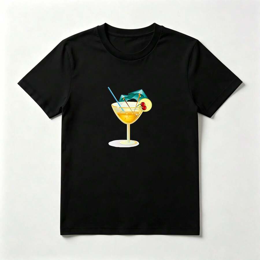 Playera Veraniega con Estampado de Cóctel de Frutas de Algodón Negro para Mujer - Negro - Ver 1