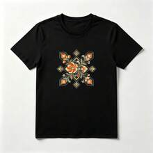 Flor Simétrica Playera de Algodón Negro Diseño Cruzado - Negro - Ver 1